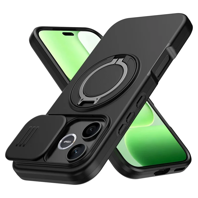 För Honor 600 Lite 5G Fodral Magnetiskt Fodral Med Ringställ Slidkameraöverdrag TPU PC Hybrid Mobilskal - Svart
