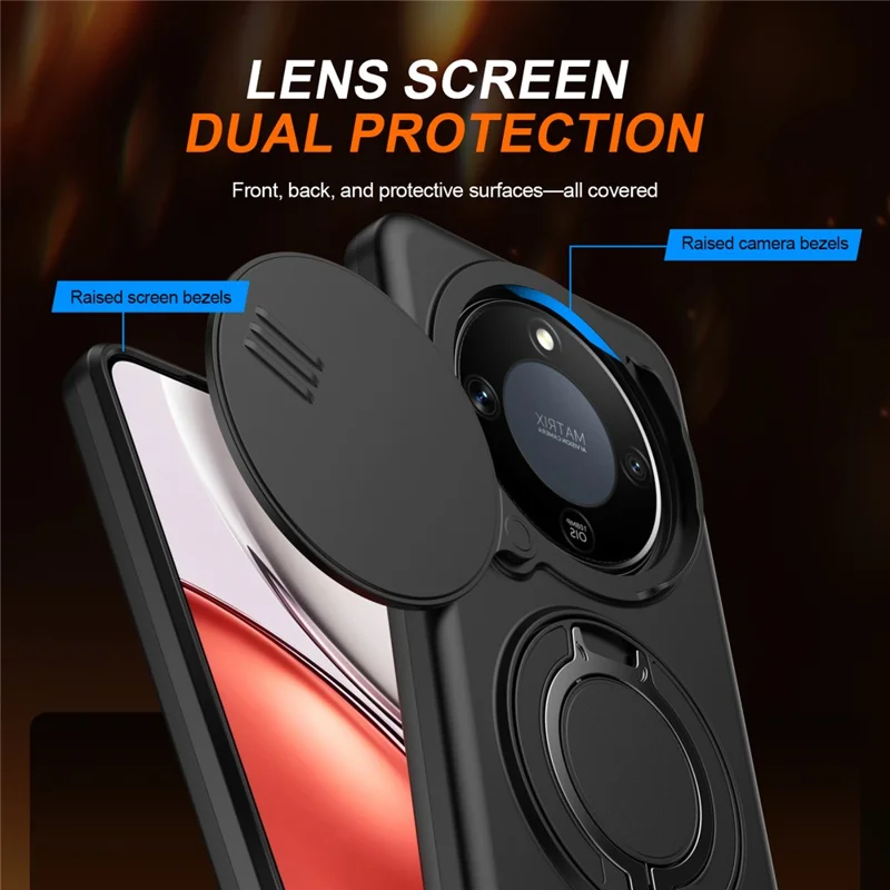 For Honor X9a 5G Case Magnetic Case Ring Kickstand Slide Camera Cover TPU PC Hybrid Phone Shell - Black