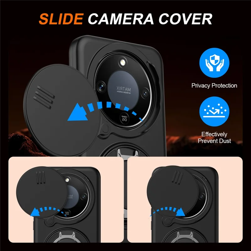 For Honor X9b 5G  /  Magic6 Lite 5G Case Magnetic Case Ring Kickstand Slide Camera Cover TPU PC Hybrid Phone Shell - Black