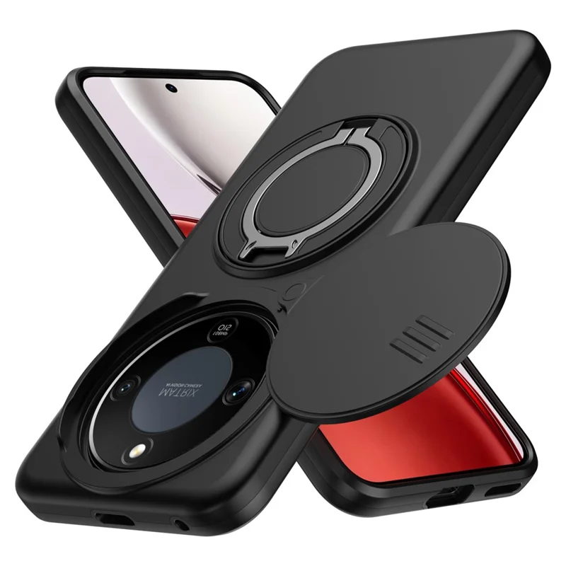 For Honor X9b 5G  /  Magic6 Lite 5G Case Magnetic Case Ring Kickstand Slide Camera Cover TPU PC Hybrid Phone Shell - Black