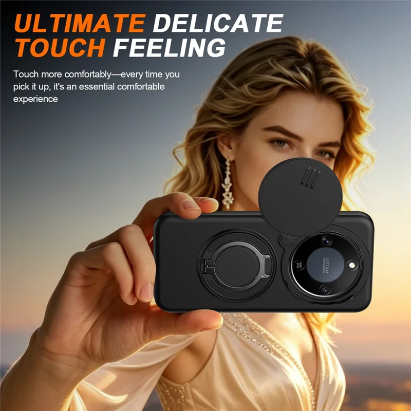 For Honor X9b 5G  /  Magic6 Lite 5G Case Magnetic Case Ring Kickstand Slide Camera Cover TPU PC Hybrid Phone Shell - Black