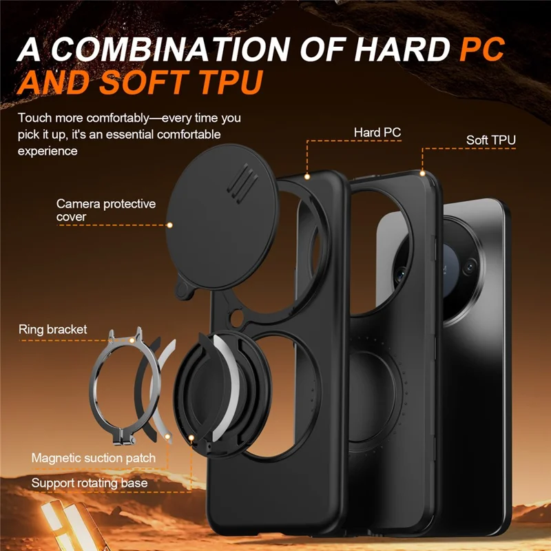 For Honor X9b 5G  /  Magic6 Lite 5G Case Magnetic Case Ring Kickstand Slide Camera Cover TPU PC Hybrid Phone Shell - Black