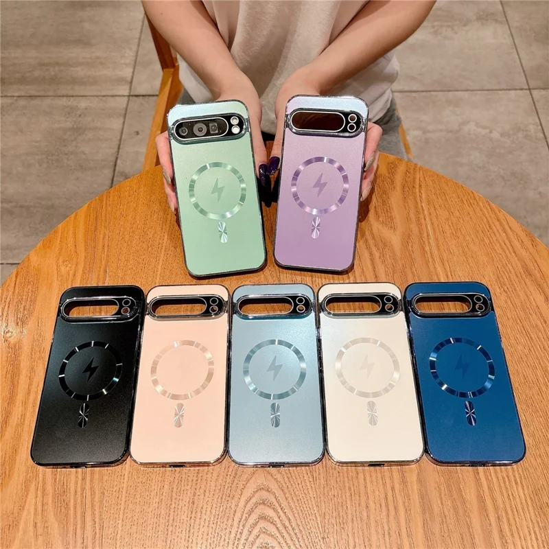 Voor Google Pixel 9 Pro XL Magnetische Hoes Volledige Lensbedekking Gegalvaniseerde TPU Stootvrije Telefoonhoes - Babyblauw