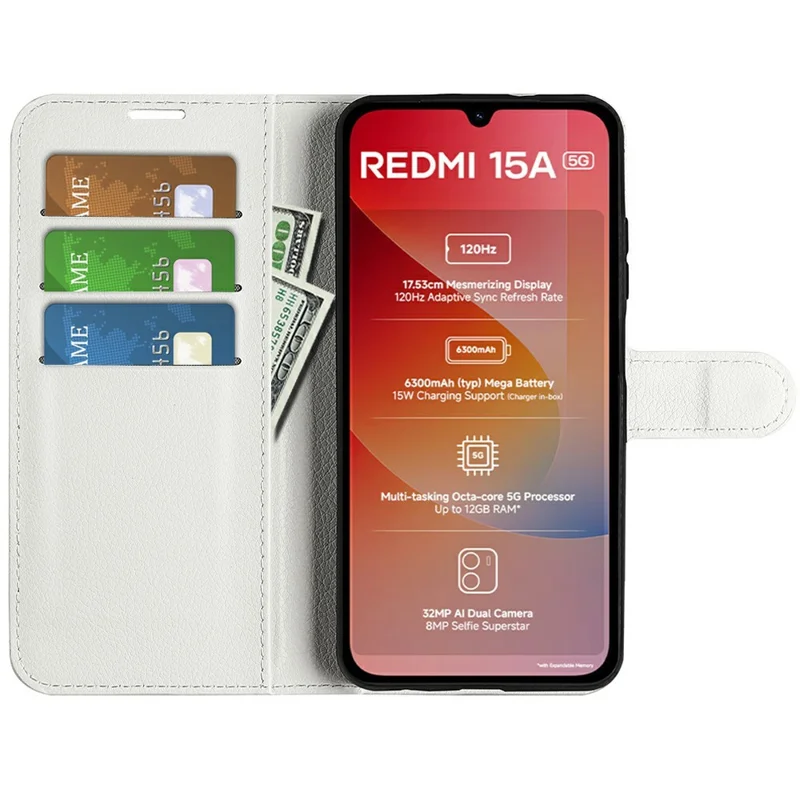 Cover per Xiaomi Redmi 15a 5G con Portafoglio, Supporto, Texture Pelle Litchi, Protettiva Antiurto - Bianco