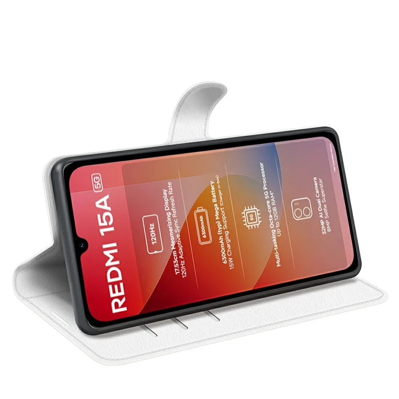 Cover per Xiaomi Redmi 15a 5G con Portafoglio, Supporto, Texture Pelle Litchi, Protettiva Antiurto - Bianco