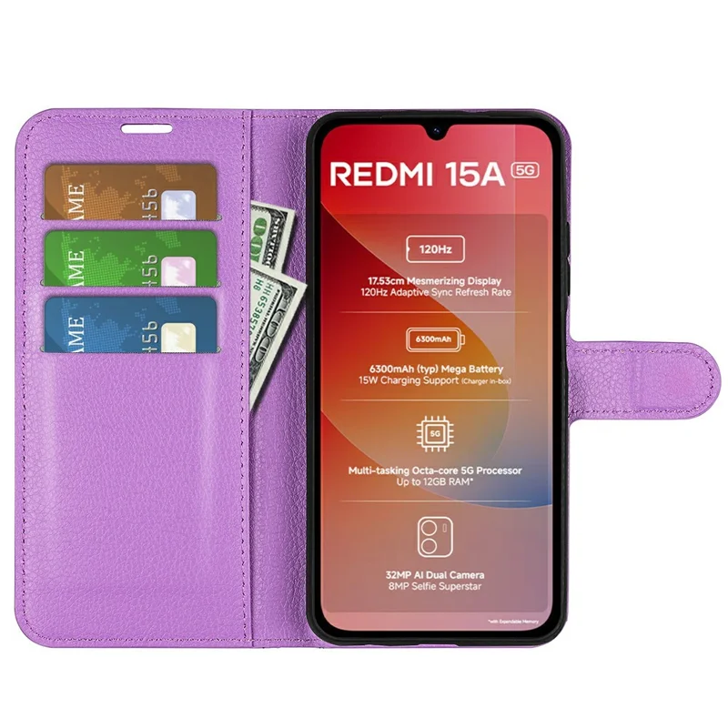 Capa de Telemóvel com Carteira e Suporte, Textura de Lichia, Resistente a Choques, em Pele, para Xiaomi Redmi 15a 5G - Roxo