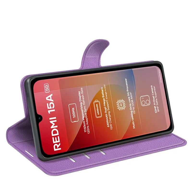 Capa de Telemóvel com Carteira e Suporte, Textura de Lichia, Resistente a Choques, em Pele, para Xiaomi Redmi 15a 5G - Roxo