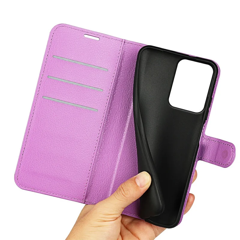 Capa de Telemóvel com Carteira e Suporte, Textura de Lichia, Resistente a Choques, em Pele, para Xiaomi Redmi 15a 5G - Roxo