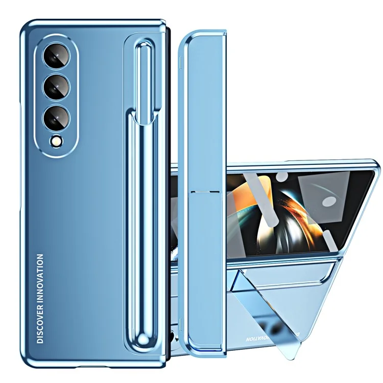 Per Samsung Galaxy Z Fold4 5G Protezione Della Cerniera Case Del Telefono Kickstand Case a PC Duro Shock Anti-Drop Shell Con Pellicola a Schermo di Vetro Temperato - Blu