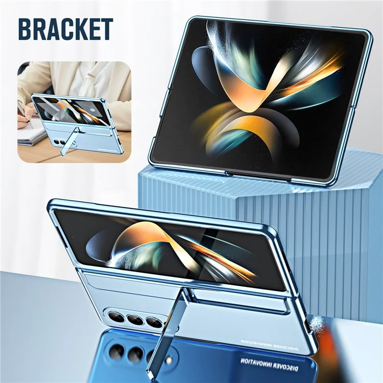 Per Samsung Galaxy Z Fold4 5G Protezione Della Cerniera Case Del Telefono Kickstand Case a PC Duro Shock Anti-Drop Shell Con Pellicola a Schermo di Vetro Temperato - Blu