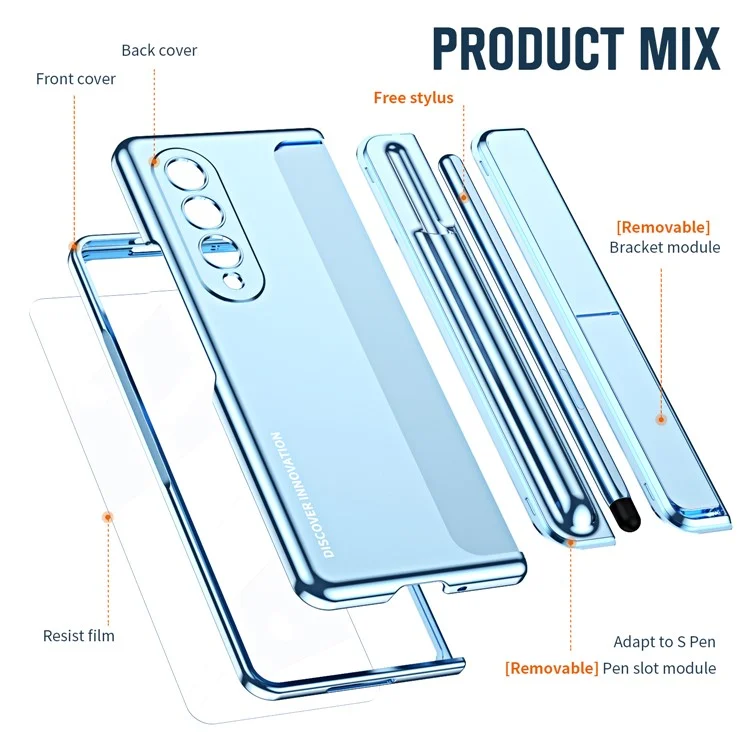 Per Samsung Galaxy Z Fold4 5G Protezione Della Cerniera Case Del Telefono Kickstand Case a PC Duro Shock Anti-Drop Shell Con Pellicola a Schermo di Vetro Temperato - Blu