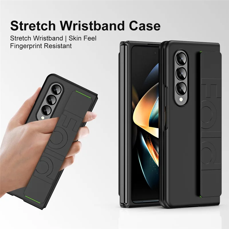 Shockproof Case for Samsung Galaxy Z Fold4 5G Anti-Fall Hard PC Phone Case Rubberized Protective Case with Elastic Strap - Black
