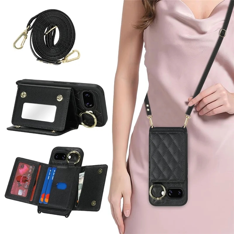 Telefoonhoesje voor Google Pixel 10a met Lanyard / Spiegeltje / Kaarthouder met Rasterpatroon en RFID-blokkering - Zwart