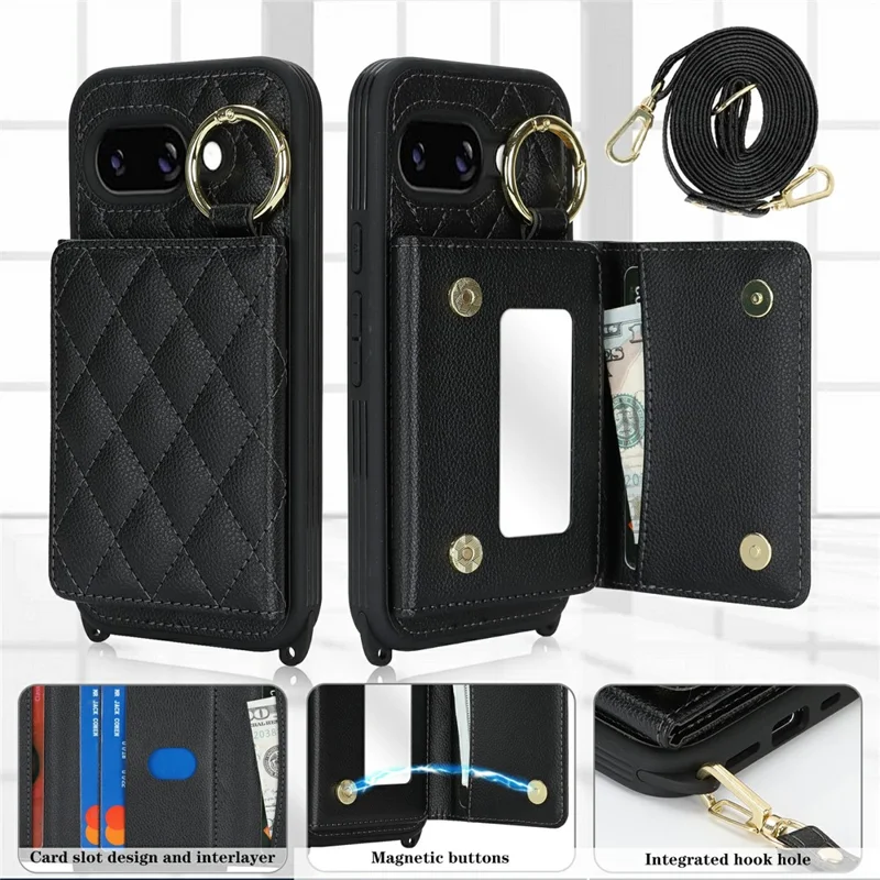 Telefoonhoesje voor Google Pixel 10a met Lanyard / Spiegeltje / Kaarthouder met Rasterpatroon en RFID-blokkering - Zwart