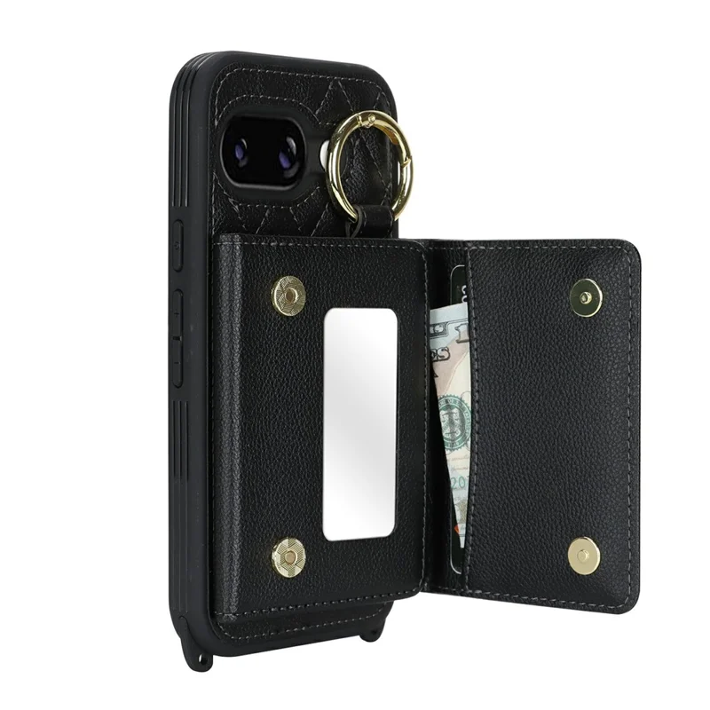Telefoonhoesje voor Google Pixel 10a met Lanyard / Spiegeltje / Kaarthouder met Rasterpatroon en RFID-blokkering - Zwart
