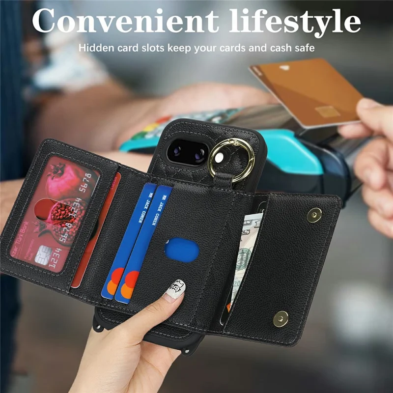 Telefoonhoesje voor Google Pixel 10a met Lanyard / Spiegeltje / Kaarthouder met Rasterpatroon en RFID-blokkering - Zwart