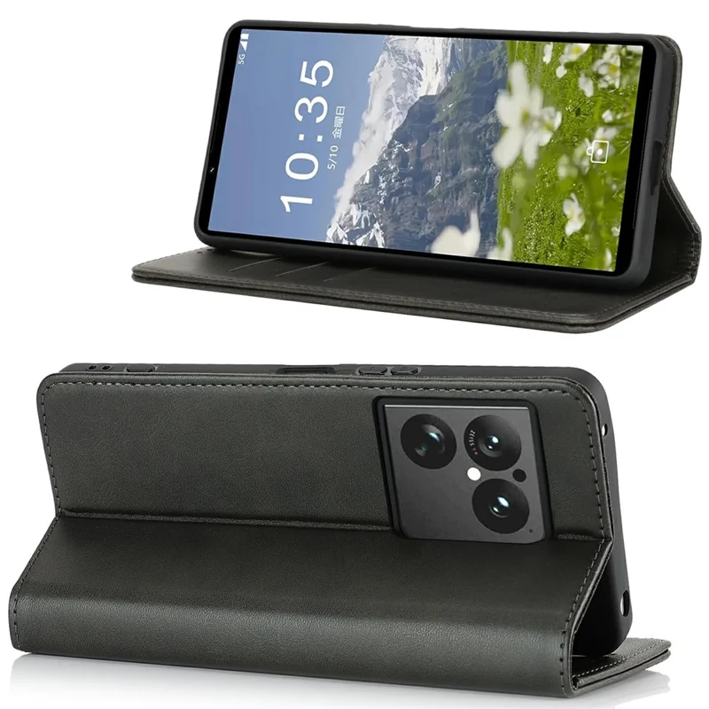 Etui na Sony Xperia 1 VIII, etui na telefon z magnesem z białej skóry z teksturą cielęca PU - Czarny