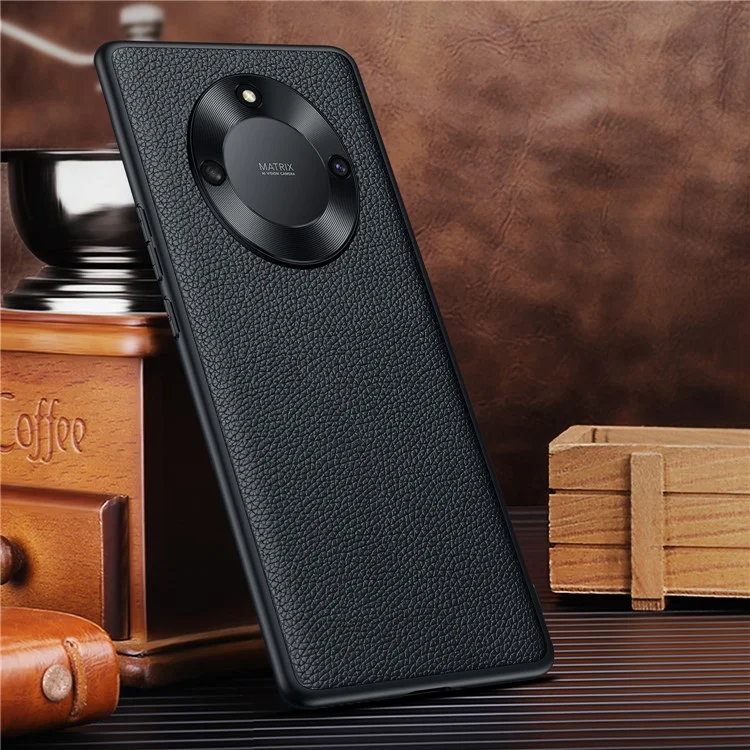 Protective Case for Honor X40 5G Anti-Drop Phone Shell Soft TPU + PC + Cowhide Leather Coated Phone Case with Metal Lens Frame - Black