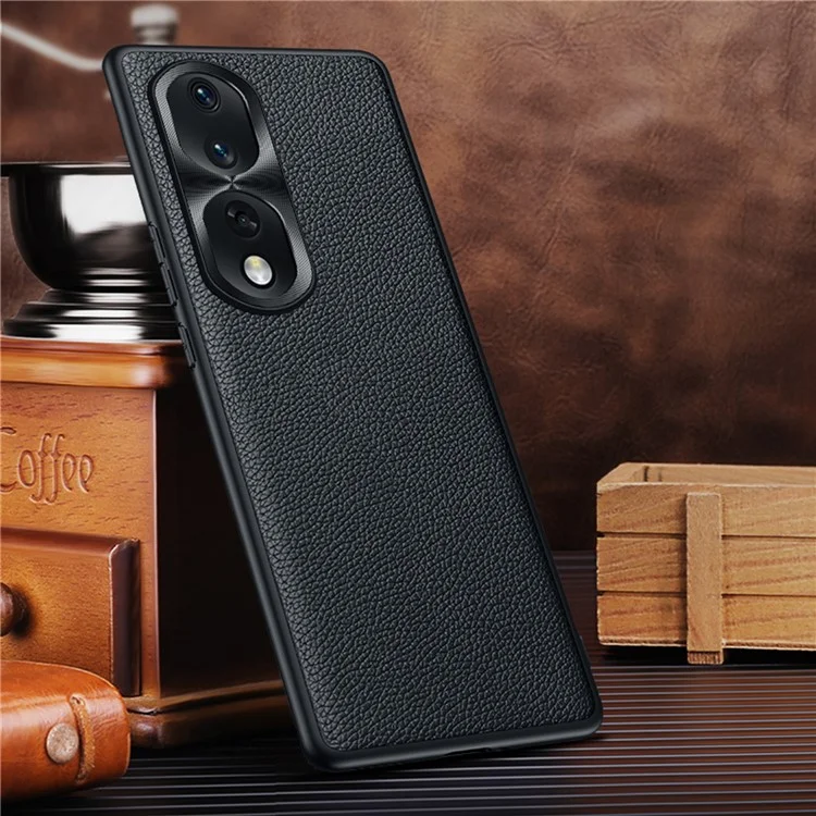 Custodia Per lo Shock Per Honor 80 Pro 5G Custodia Per Telefono Anti-Fall TPU Morbido TPU + PC + Cowhide in Pelle Conchiglia Con Rivestimento in Metallo Con Telaio di Lente in Metallo - Nero