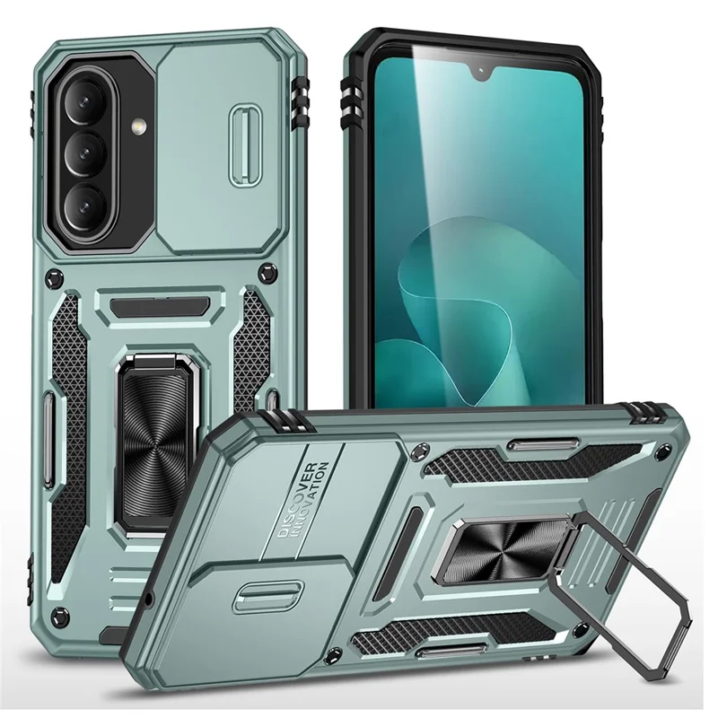 For Samsung Galaxy A27 Case Kickstand Slide Lens Lid PC + TPU Drop-Proof Phone Cover - Green