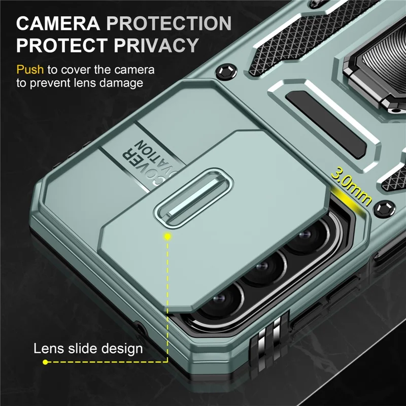 For Samsung Galaxy A27 Case Kickstand Slide Lens Lid PC + TPU Drop-Proof Phone Cover - Green