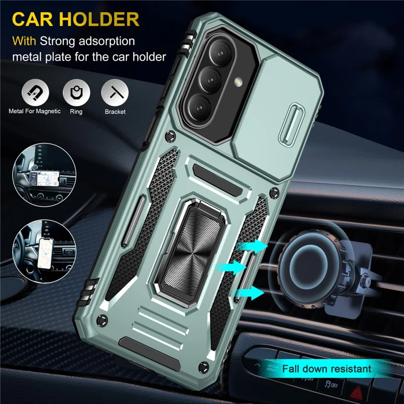 For Samsung Galaxy A27 Case Kickstand Slide Lens Lid PC + TPU Drop-Proof Phone Cover - Green