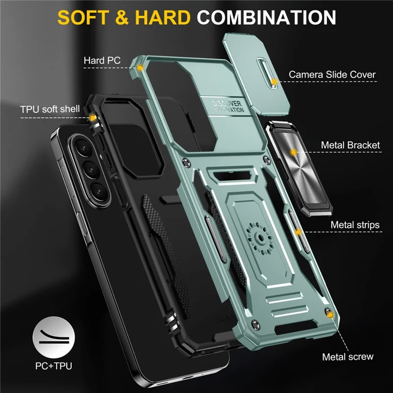 For Samsung Galaxy A27 Case Kickstand Slide Lens Lid PC + TPU Drop-Proof Phone Cover - Green
