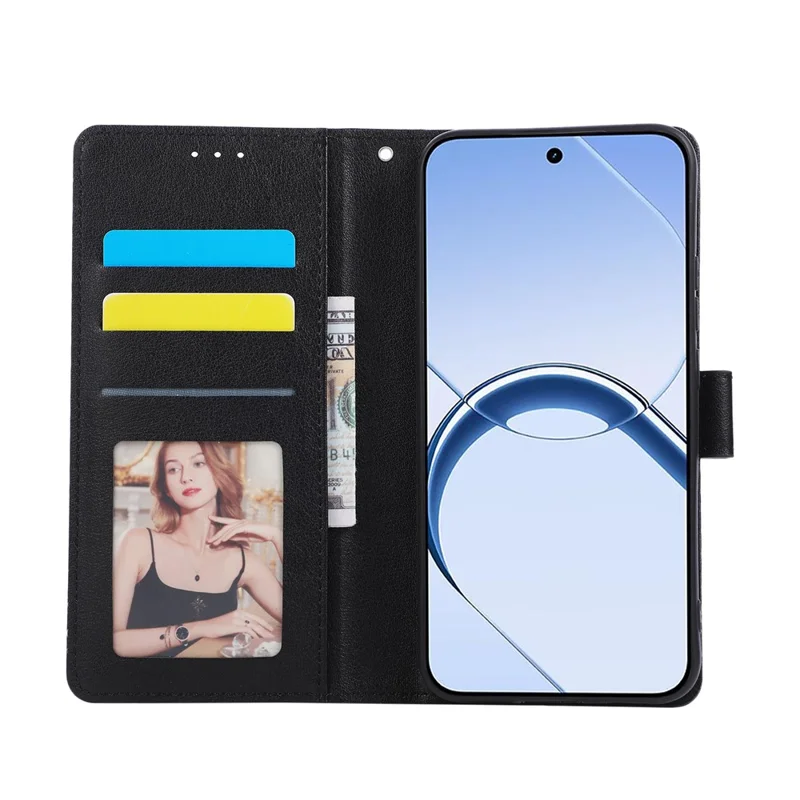 Capa de Telemóvel Carteira em Pele PU com Suporte para Realme 16 5G com Alça de Pulso - Preto