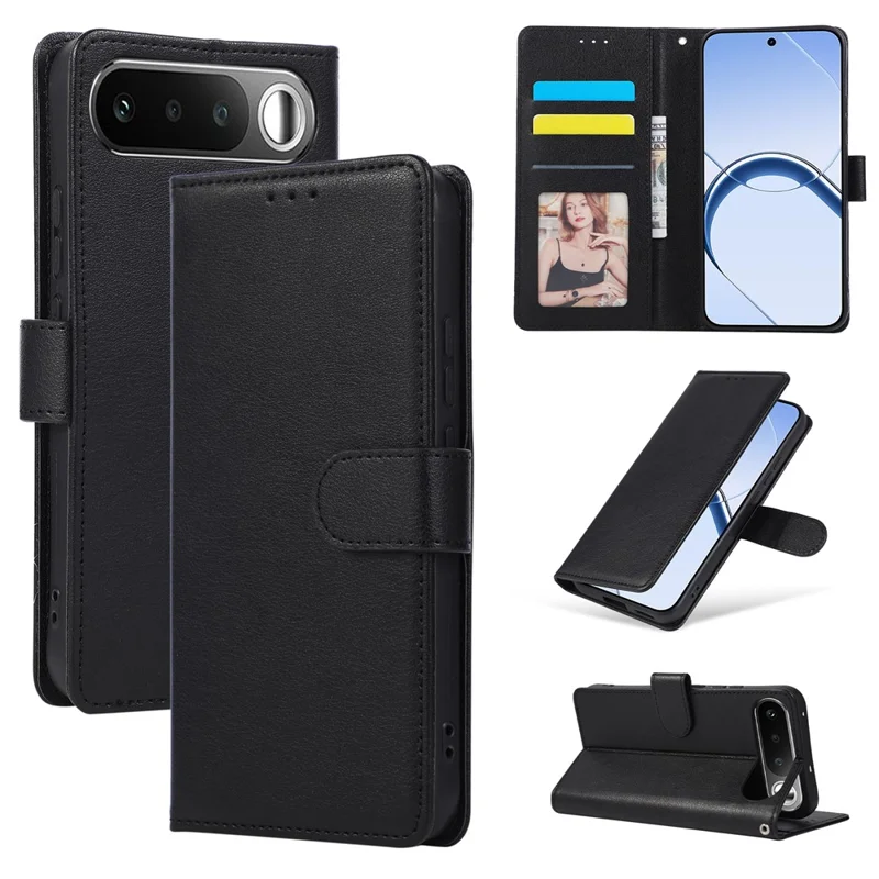 Capa de Telemóvel Carteira em Pele PU com Suporte para Realme 16 5G com Alça de Pulso - Preto