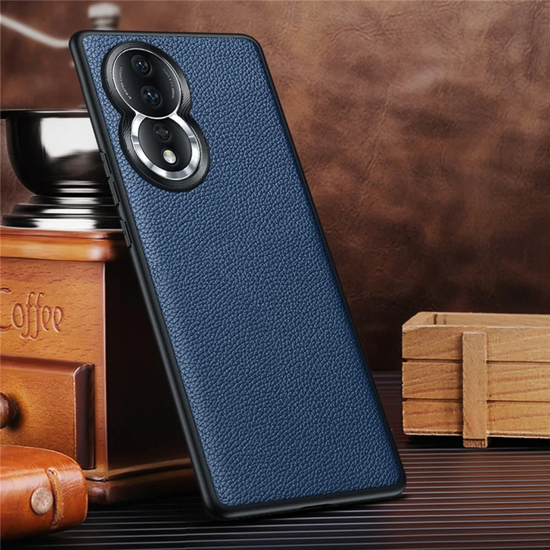Anti-Drop Phone Case for Honor 80 5G Protective Shell Soft TPU + PC + Cowhide Leather Coated Phone Cover with Metal Lens Frame - Sapphire