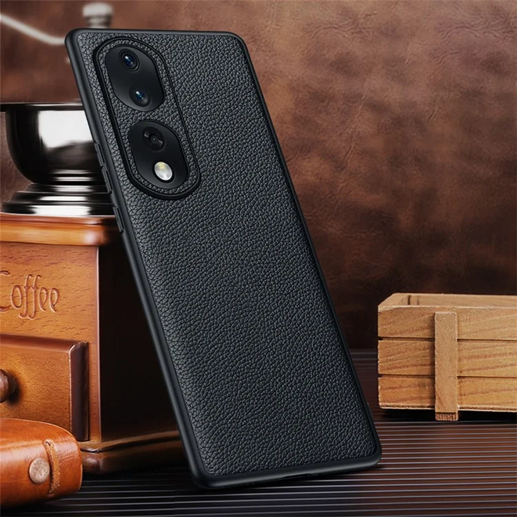 TPU + PC + Cawhide Leather Case For Honor 80 Pro 5G Case de Teléfono de Teléfono Protector Con Cubierta de Lente de Cuero - Negro