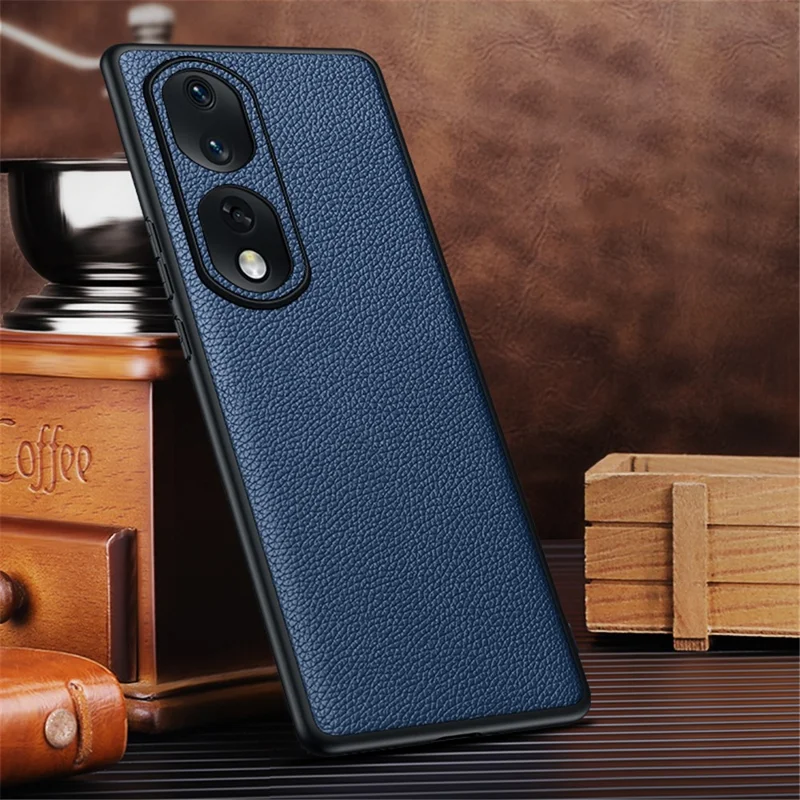TPU + PC + Cowhide Leather Case for Honor 80 Pro 5G Protective Phone Case Anti-Drop Phone Shell with Leather Lens Cover - Sapphire