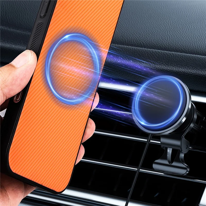 For Samsung Galaxy S25 Case Carbon Fiber Texture Leather Coated TPU PC Phone Cover with Metal Ring for Magnetic Car Mount - Orange - 5