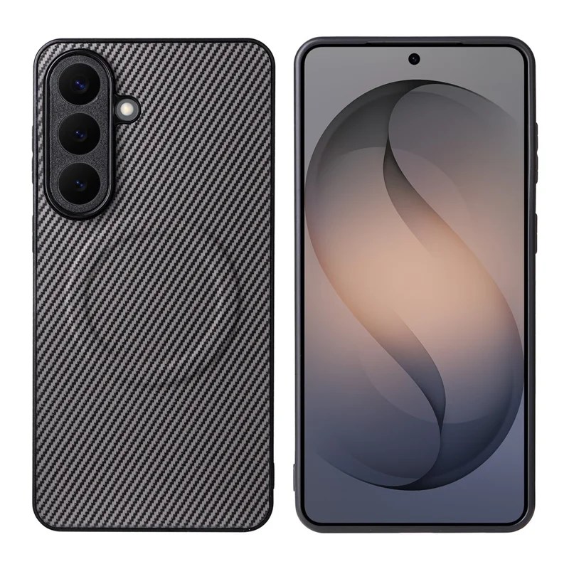 For Samsung Galaxy S26 Case Carbon Fiber Texture Leather Coated TPU PC Phone Cover with Metal Ring for Magnetic Car Mount - Grey - 1