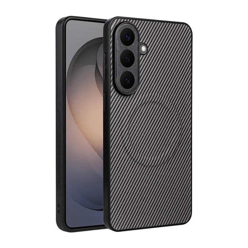 For Samsung Galaxy S26 Case Carbon Fiber Texture Leather Coated TPU PC Phone Cover with Metal Ring for Magnetic Car Mount - Grey - 2