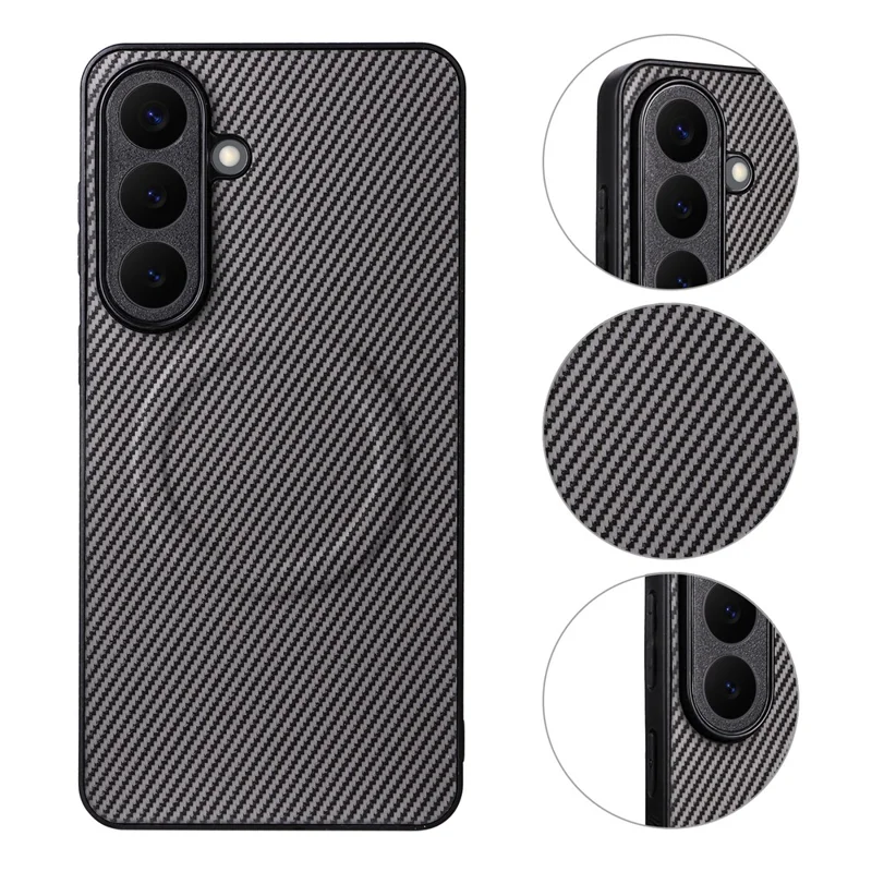 For Samsung Galaxy S26 Case Carbon Fiber Texture Leather Coated TPU PC Phone Cover with Metal Ring for Magnetic Car Mount - Grey - 3