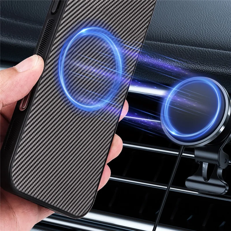 For Samsung Galaxy S26 Case Carbon Fiber Texture Leather Coated TPU PC Phone Cover with Metal Ring for Magnetic Car Mount - Grey - 5
