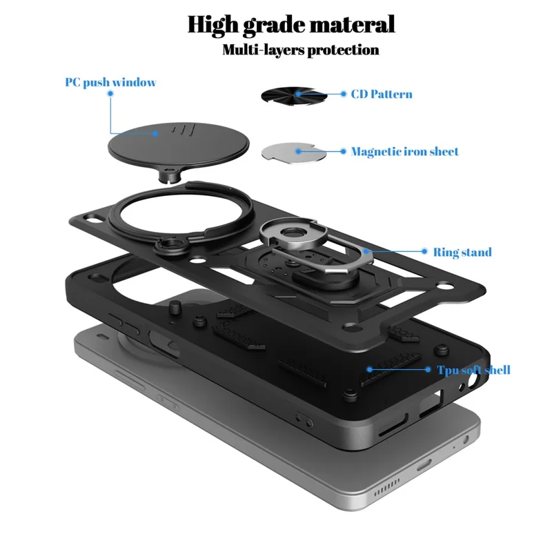 Capa para ZTE Blade V70 Max com Tampa de Câmara Deslizante, Capa com Suporte PC + TPU - Preto