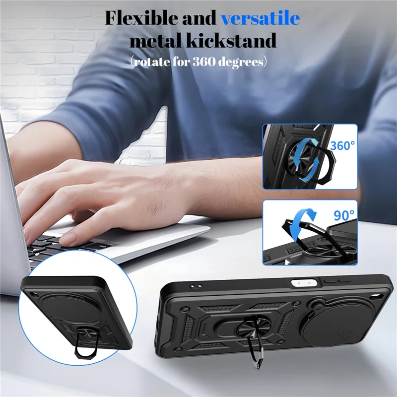 Capa para ZTE Blade V70 Max com Tampa de Câmara Deslizante, Capa com Suporte PC + TPU - Preto