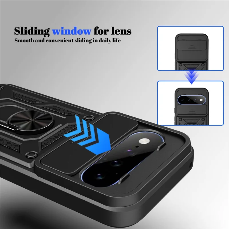For Google Pixel 11  /  11 Pro Case with Slide Camera Lid PC + TPU Kickstand Phone Cover - Black