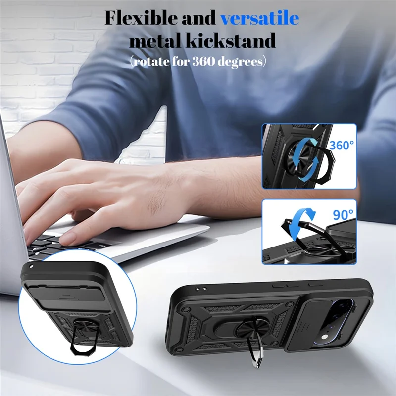 For Google Pixel 11  /  11 Pro Case with Slide Camera Lid PC + TPU Kickstand Phone Cover - Black