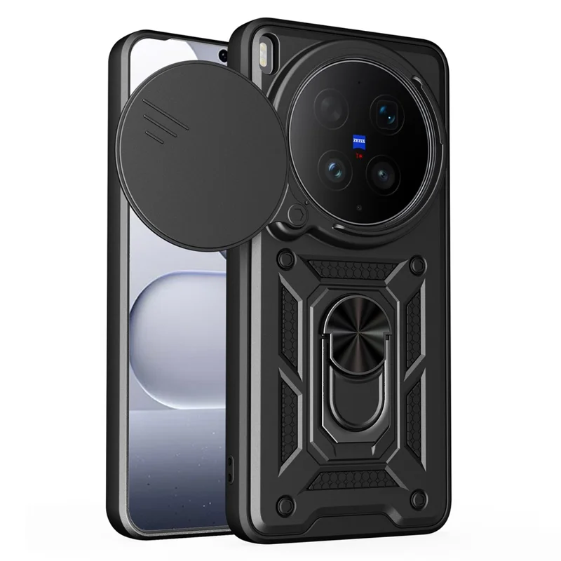 Coque pour vivo X300 Ultra 5G avec cache caméra coulissant PC + TPU et support pivotant - Noir