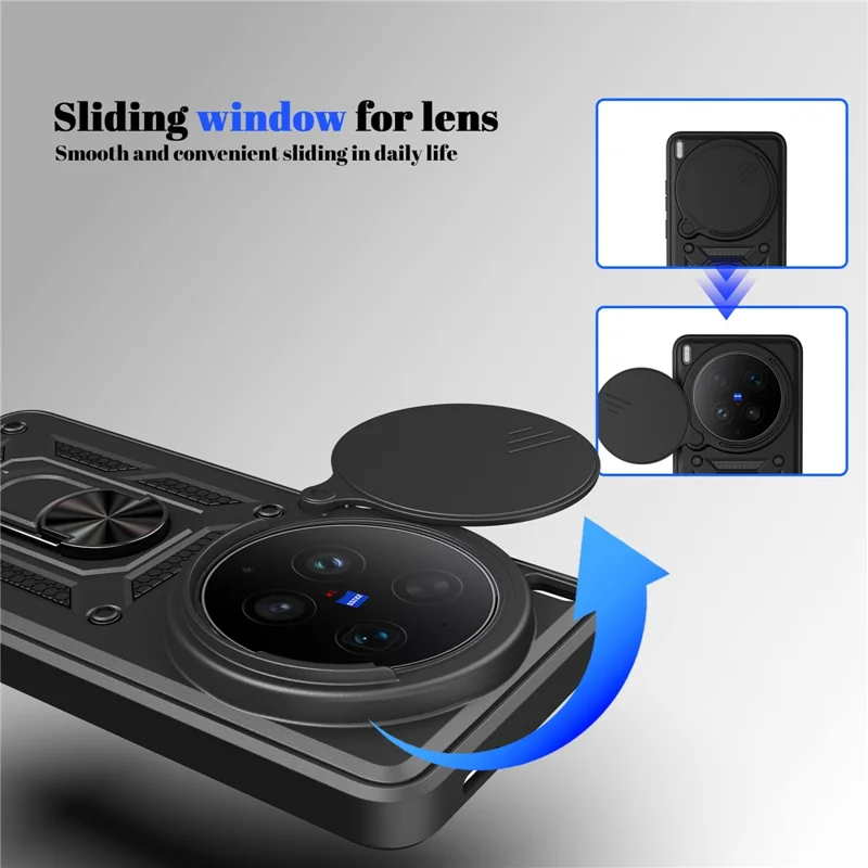 Coque pour vivo X300 Ultra 5G avec cache caméra coulissant PC + TPU et support pivotant - Noir
