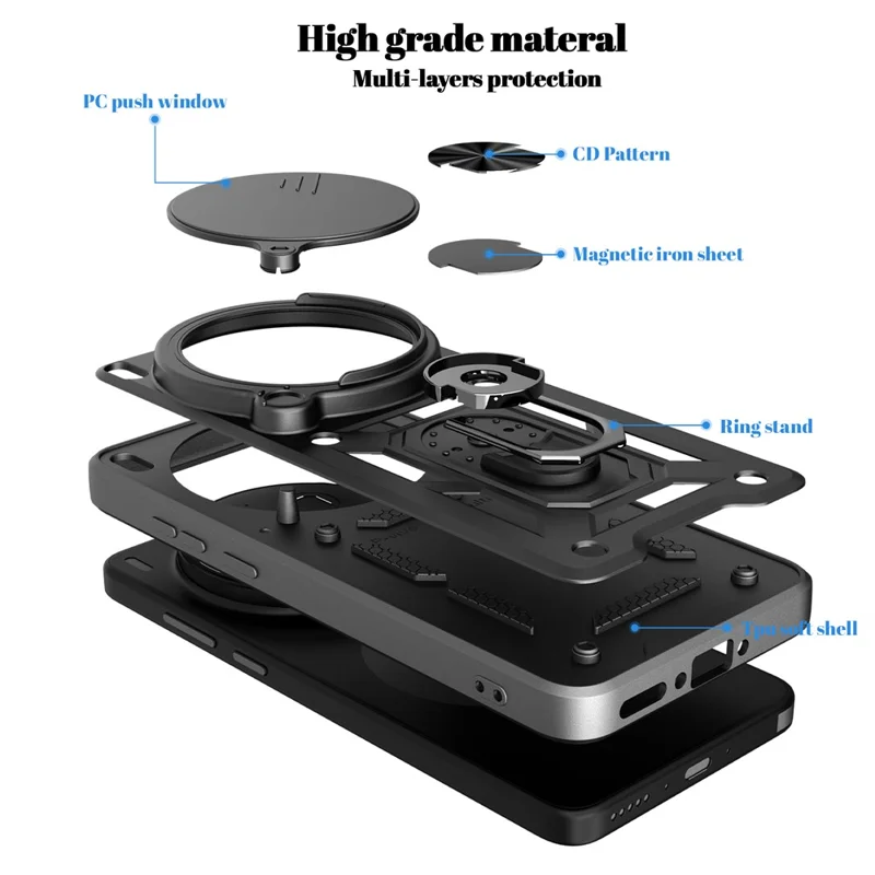 Coque pour vivo X300 Ultra 5G avec cache caméra coulissant PC + TPU et support pivotant - Noir