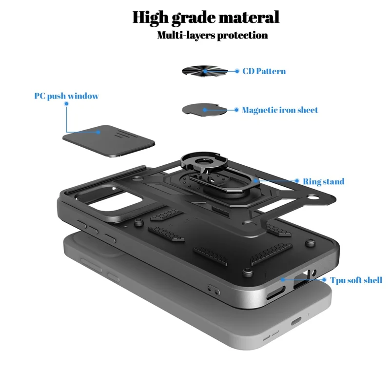 For OnePlus Nord CE6 5G  /  Turbo 6V 5G Case with Slide Camera Lid PC + TPU Kickstand Phone Cover - Black