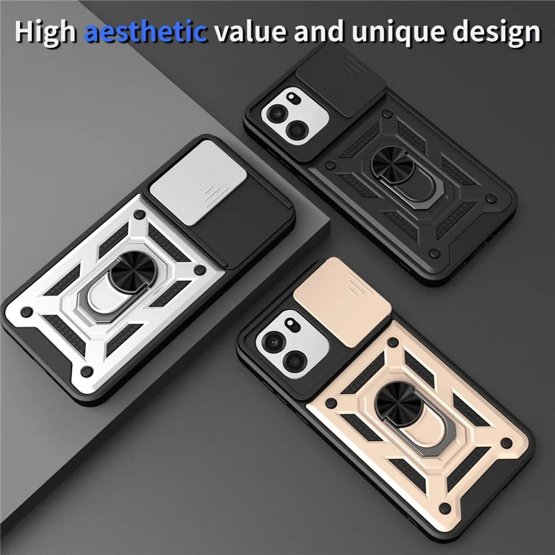 For OnePlus Nord CE6 5G  /  Turbo 6V 5G Case with Slide Camera Lid PC + TPU Kickstand Phone Cover - Black