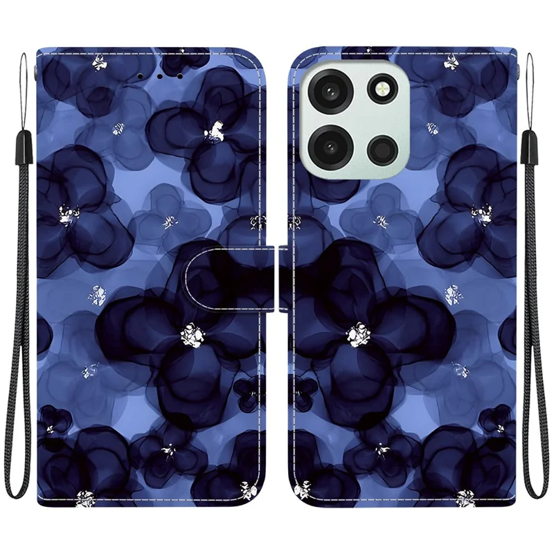 Wallethoes met stand en riem voor OnePlus Nord 6 5G / CE6 5G - Patroonafdruk lederen telefoonhoes in inktblauwe bloemen