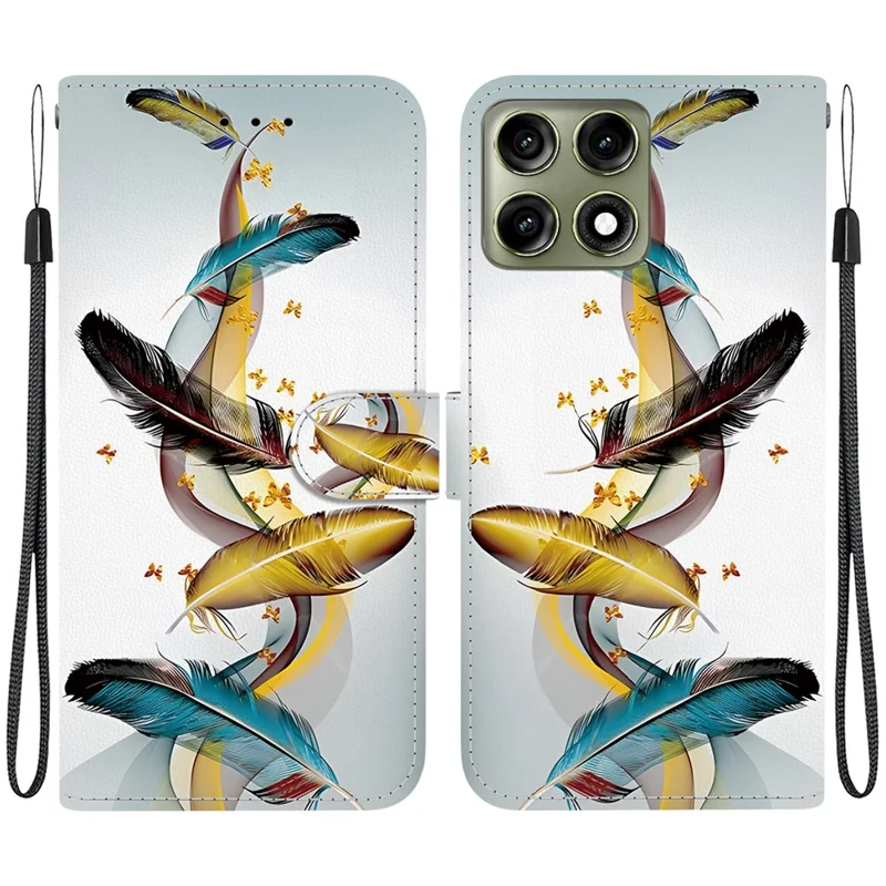 For Motorola Edge 70 Pro 5G Case Pattern Printing Leather Flip Wallet Phone Cover with Lanyard - Golden Butterfly Feather