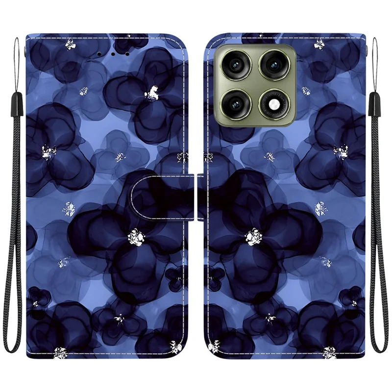 For Motorola Edge 70 Pro+ 5G / Edge 70 Pro 5G Wallet Case Pattern Printing Leather Stand Phone Cover with Strap - Ink Blue Flower