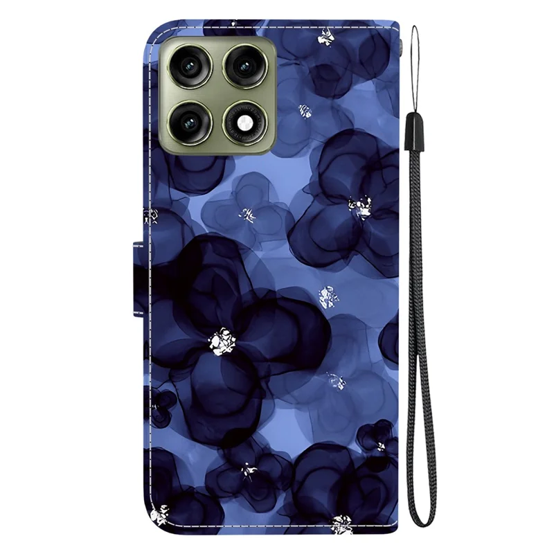 For Motorola Edge 70 Pro+ 5G / Edge 70 Pro 5G Wallet Case Pattern Printing Leather Stand Phone Cover with Strap - Ink Blue Flower